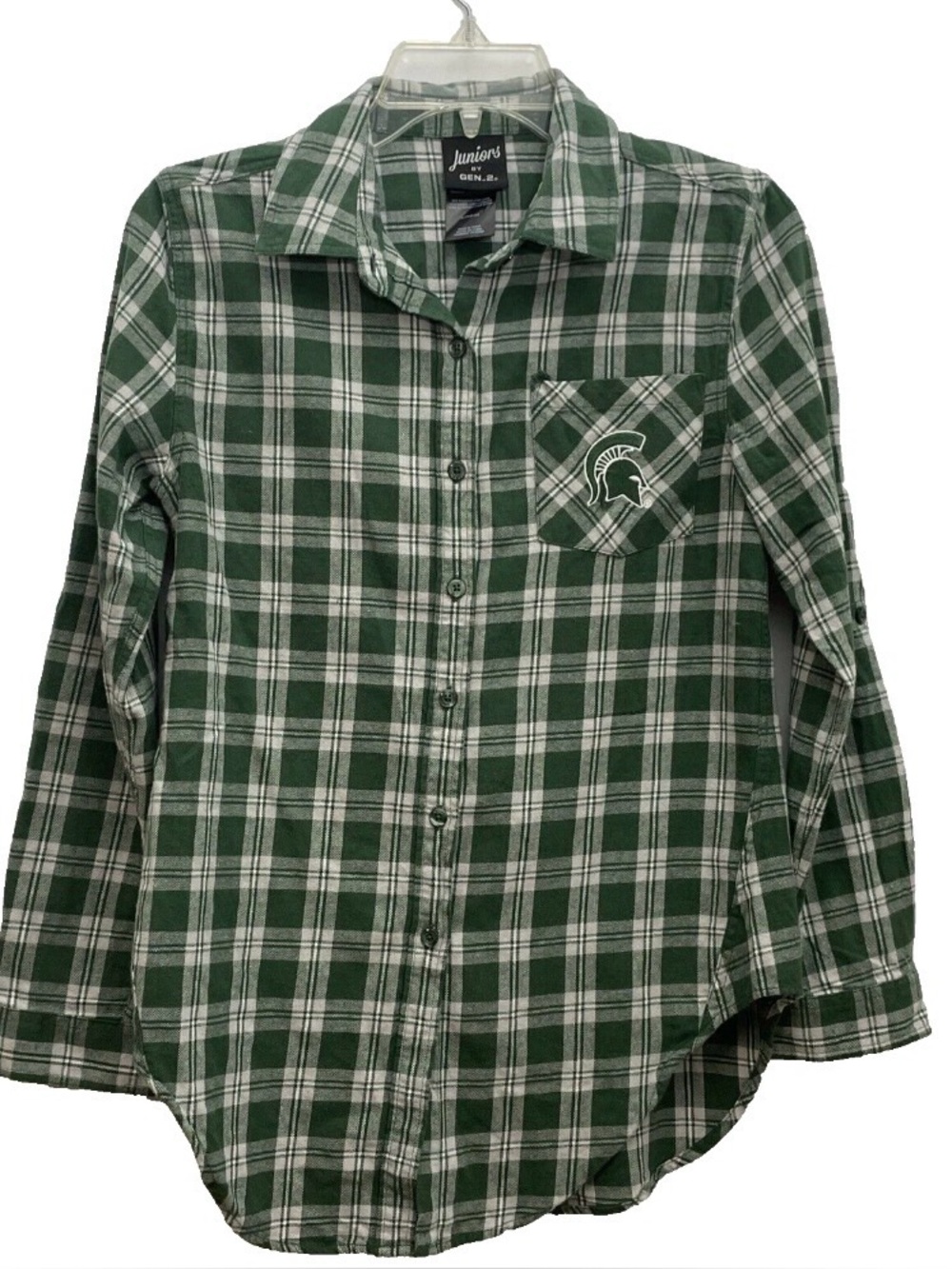 Michigan State Spartan MSU Plaid Button Up Shirt Women SMALL Green Plaid Flannel
